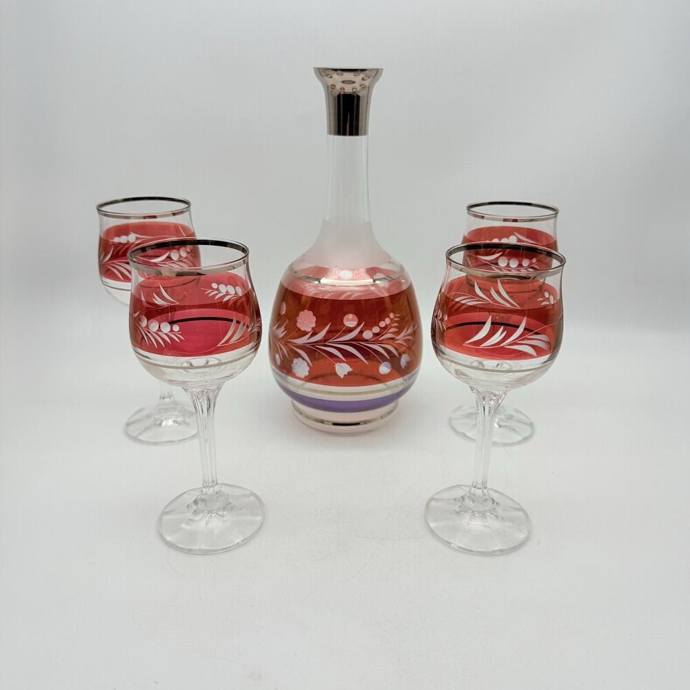 Vintage Nachtmann Traube Cranberry Cut-to-Clear Crystal Decanter & 4 Glasses